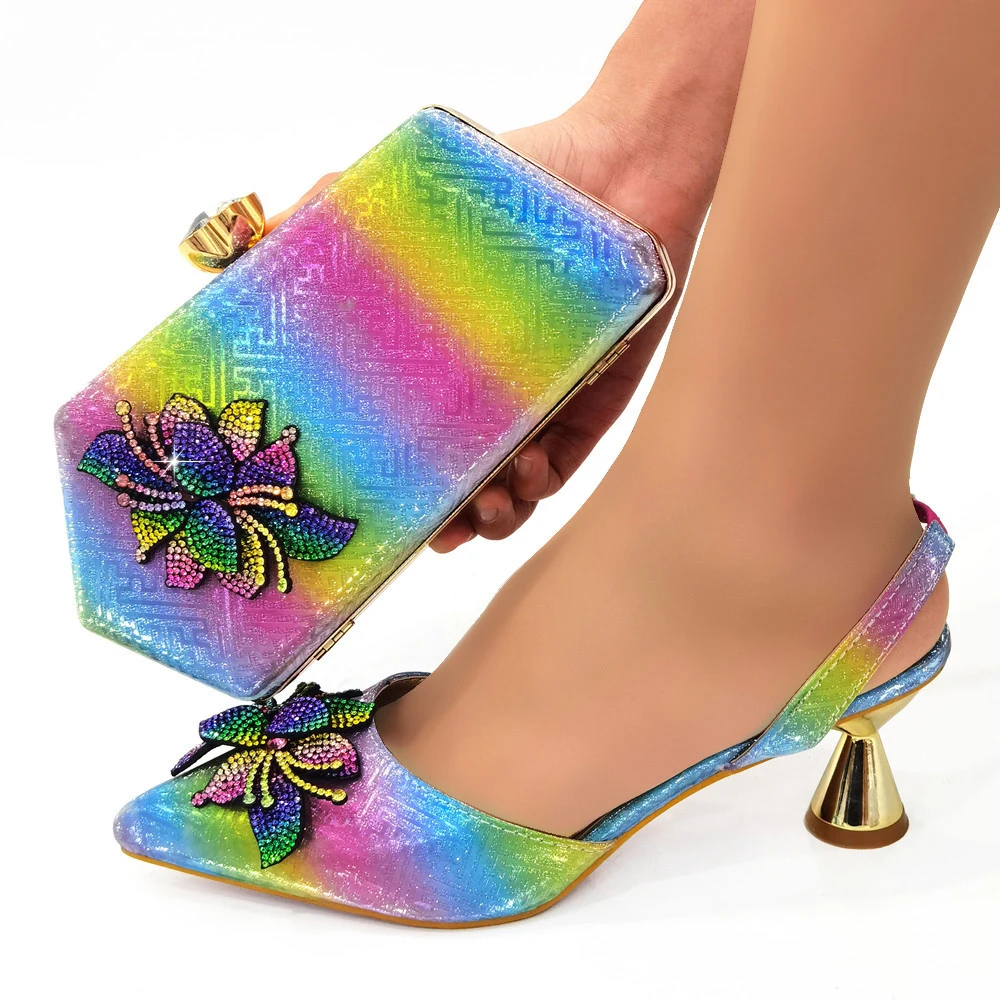 

High Quality Colorful Women Shoes Match Purse With Rhinestones Decoration African Dressing Pumps And Handbag Set CR776,Heel 6CM