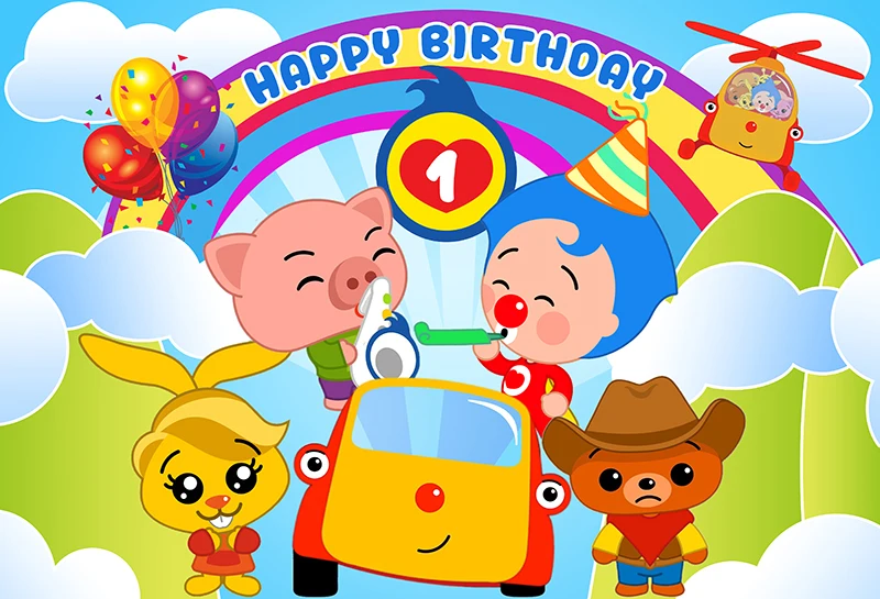 Plim Hintergrund Kinder 1st Geburtstag Party Fotografie Cartoon Schwein Bär Foto Hintergrund Regenbogen Vinyl Dekoration Requisiten Banner