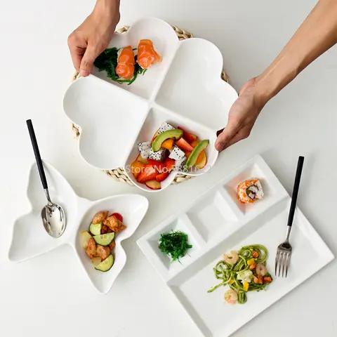 순수한 흰색 세라믹 분할 접시, 어린이 음식 모음, 가정용 분리 과일 디저트, 말린 과일 접시 Best5