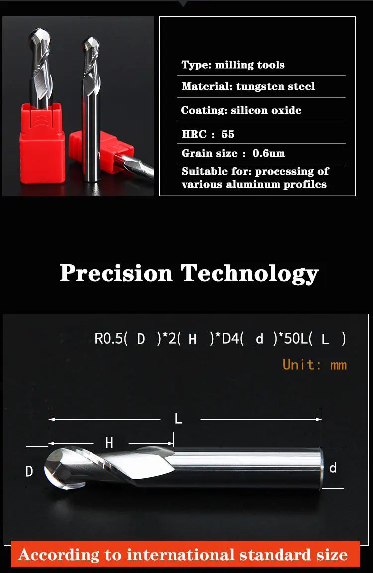 2 Flute Cutting HRC58 2mm 3mm 4mm Aluminium Copper Machining CNC Tungsten Steel Sprial Bit Milling Cutter Ball Nose End Mill R1