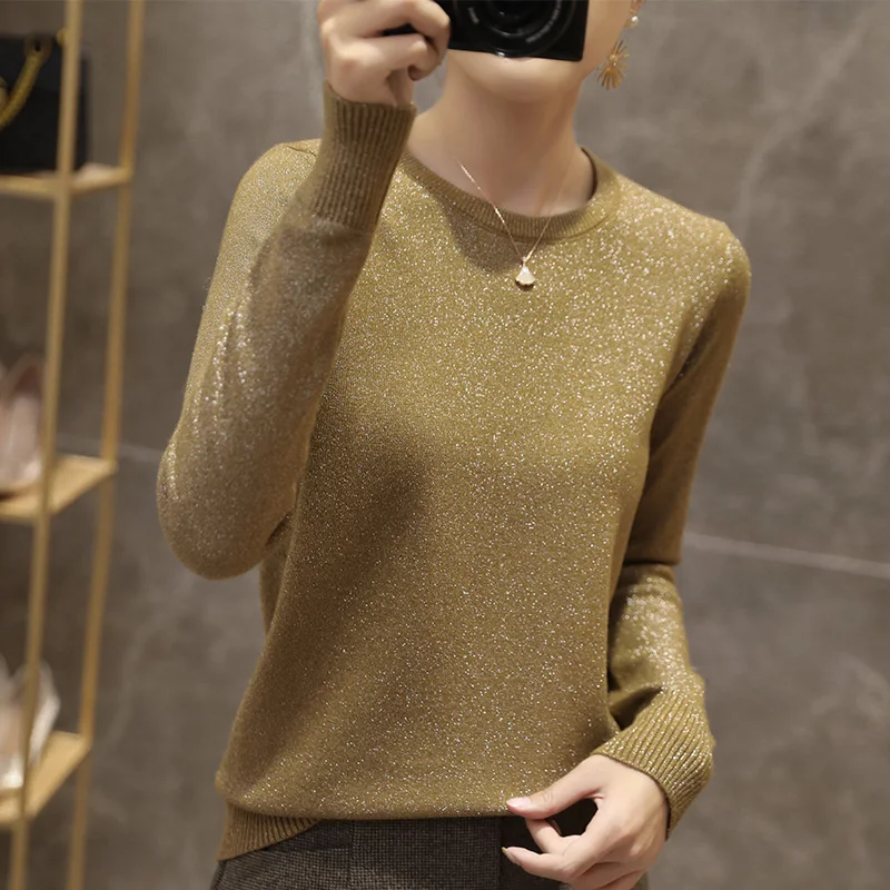 Fall Winter New Solid Color O-Neck Base Sweater Women Loose Pullover Long-Sleeved Bright Silk Knit Tops