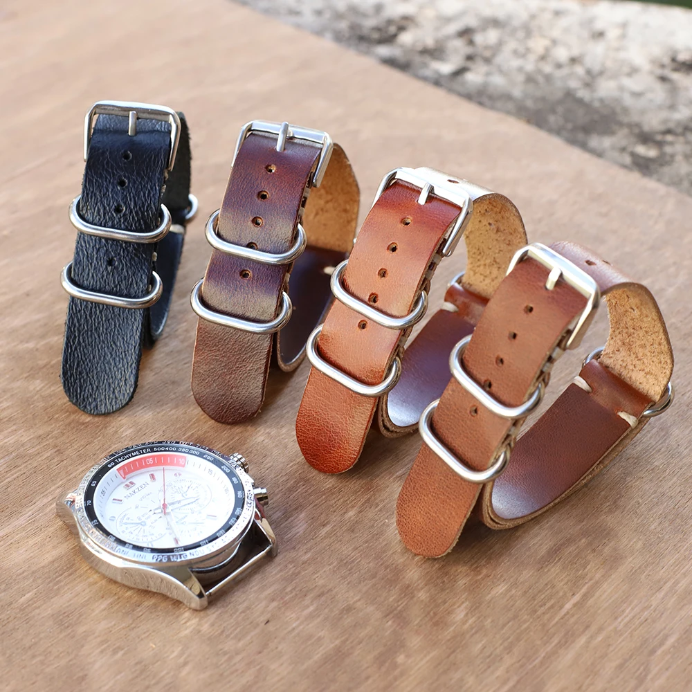 Genuine Leather Strap Watchband 20mm 22mm Cowhide Handmade Stitched Wristband Bracelet Steel Ring Buckle Watches Replacement