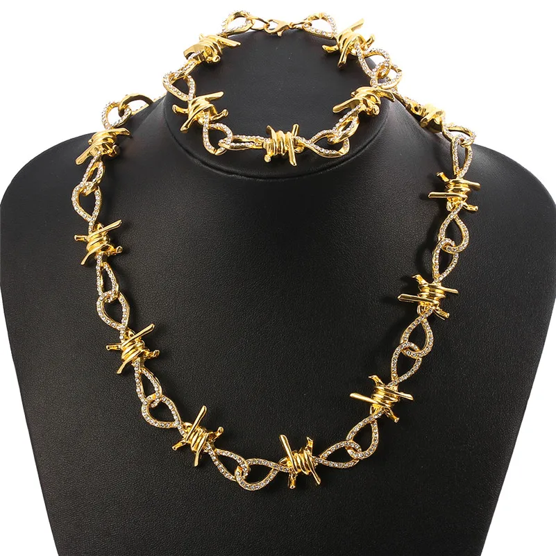 Punk  Thorn Necklace Hip-hop Link Chain Choker Necklaces for Women Men Rhinestone Collares Bracelet Jewelry Gift