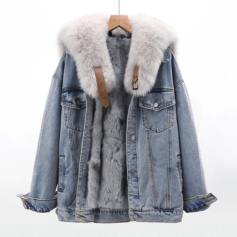 

Winter Mid Long Real Fox Fur Collar Rabbit Fur Liner Denim Jacket Women Loose Cowboy Outerwear Thick Warm Jeans Jacket Female