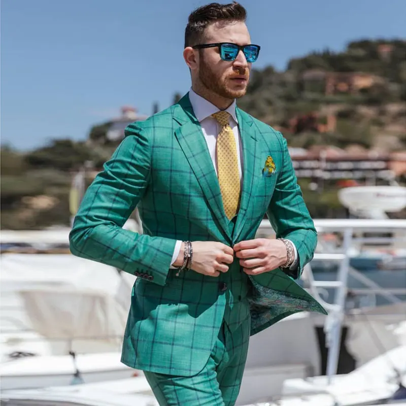 

Green Damier Check Men's Suit Notched Lapel Wedding Blazers Three Pieces Male Tuxedos Groom Wear Prom Jackets Vest With Pants