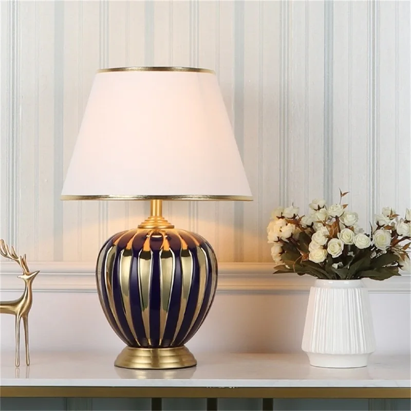 OURFENG Table Lamp Ceramic Luxury Copper Desk Light LED Fabric Home Decorative For  Foyer Dining Room Bed Room Office Reading