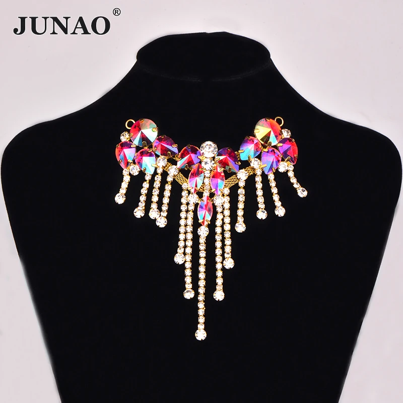 JUNAO 88*100mm 1pcs Sewing Crystal AB Glass Flower Rhinestone Applique Trim Crystal Fringe Strass Buckle for Necklace Decoration