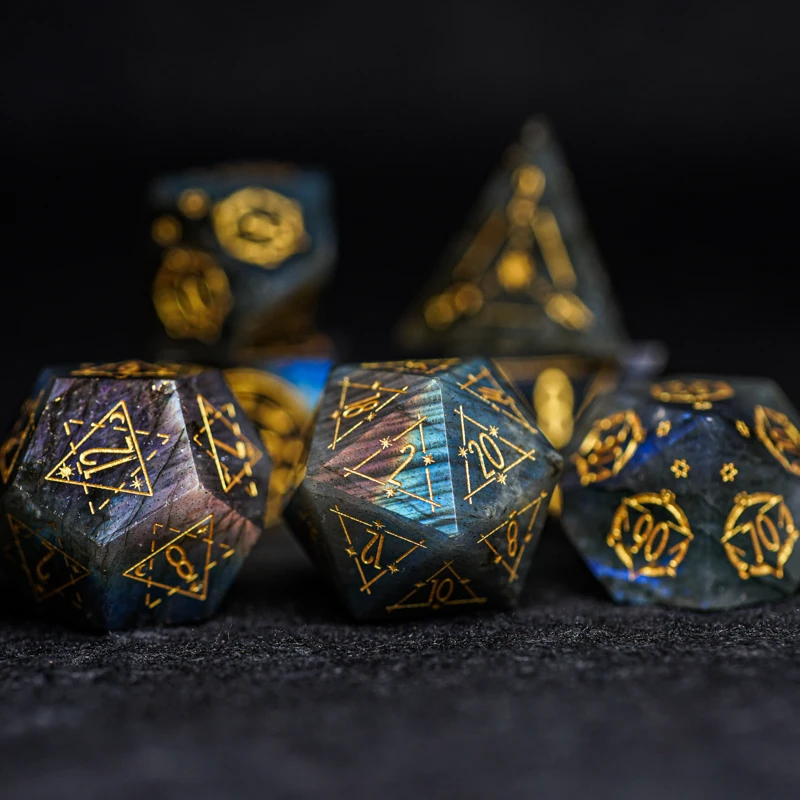 Natural Labradorite Gems Dice Magic Matrix Symbol Stone Engrave Polyhedral Dice Starry Sky Dice For DND RPG COC Table Games