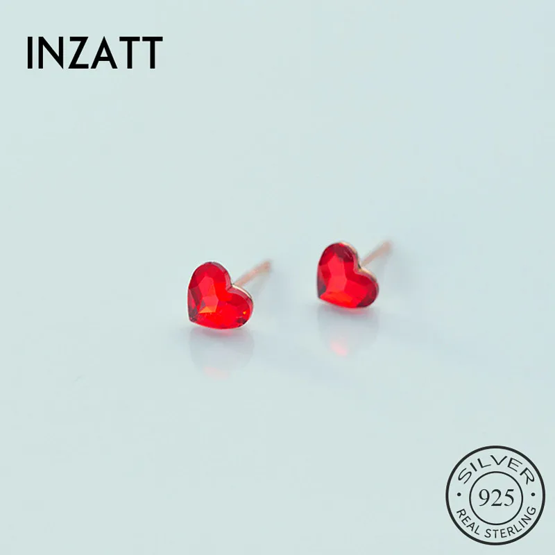 INZATT Real 925 Sterling Silver Red Zircon Heart Stud Earrings For Fashion Women Party Fine Jewelry Cute Accessories Gift