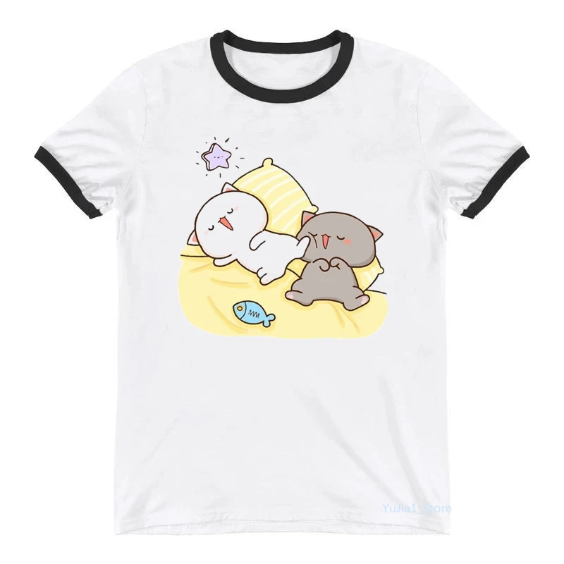 2024 Hot Sale Peach And Goma Mochi Cat Cartoon Print Tshirts Women'S Clothing Kawaii Boba White T Shirt Femme Summer Tops Tee