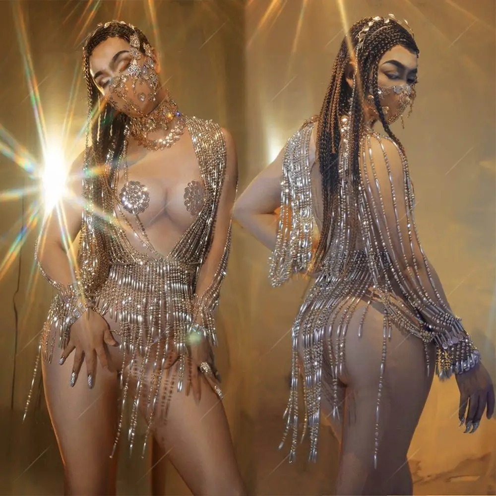 

Rhinestone Sexy Nude Performance Stage Dance Costume Sparkly pearls Chain Bodysuit Luxurious Party Celebrate Birthday Outfit