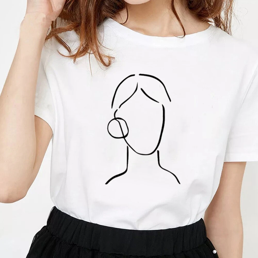 Summer Women Oversize T-shirt Short-sleeved O-neck Fashion Minimalist Abstract Face Print T-shirt Modal Fashion Casual Wild Tee