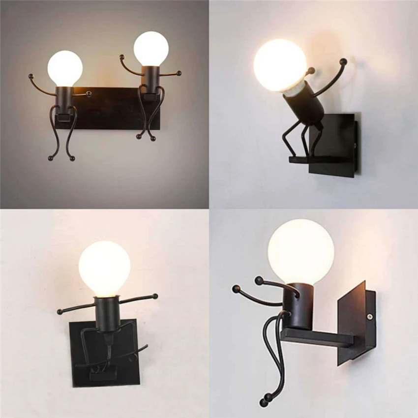 

Vintage black iron cartoon wall lamps living room bedroom lamps dining room children lighting decor E27 wall sconces lights