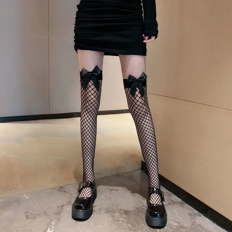 Summer thin Korean cute bow fishnet stockings sexy lace large mesh stockings over the knee socks