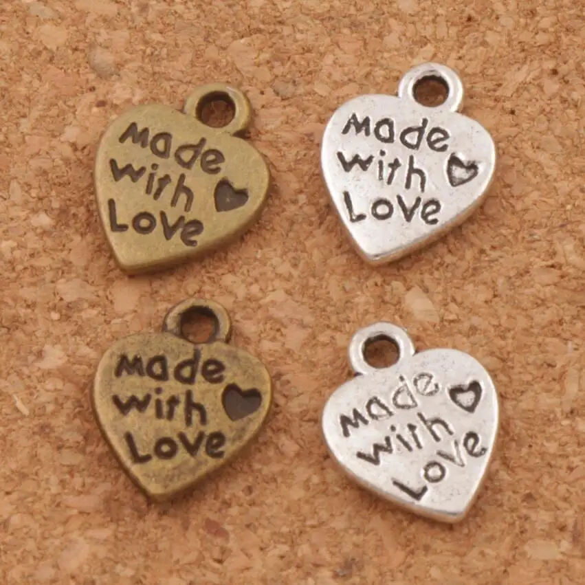 Made With Love Heart Charm Beads 300pcs zinc alloy Bronze Pendants 9.7x12.5mm Jewelry DIY L319