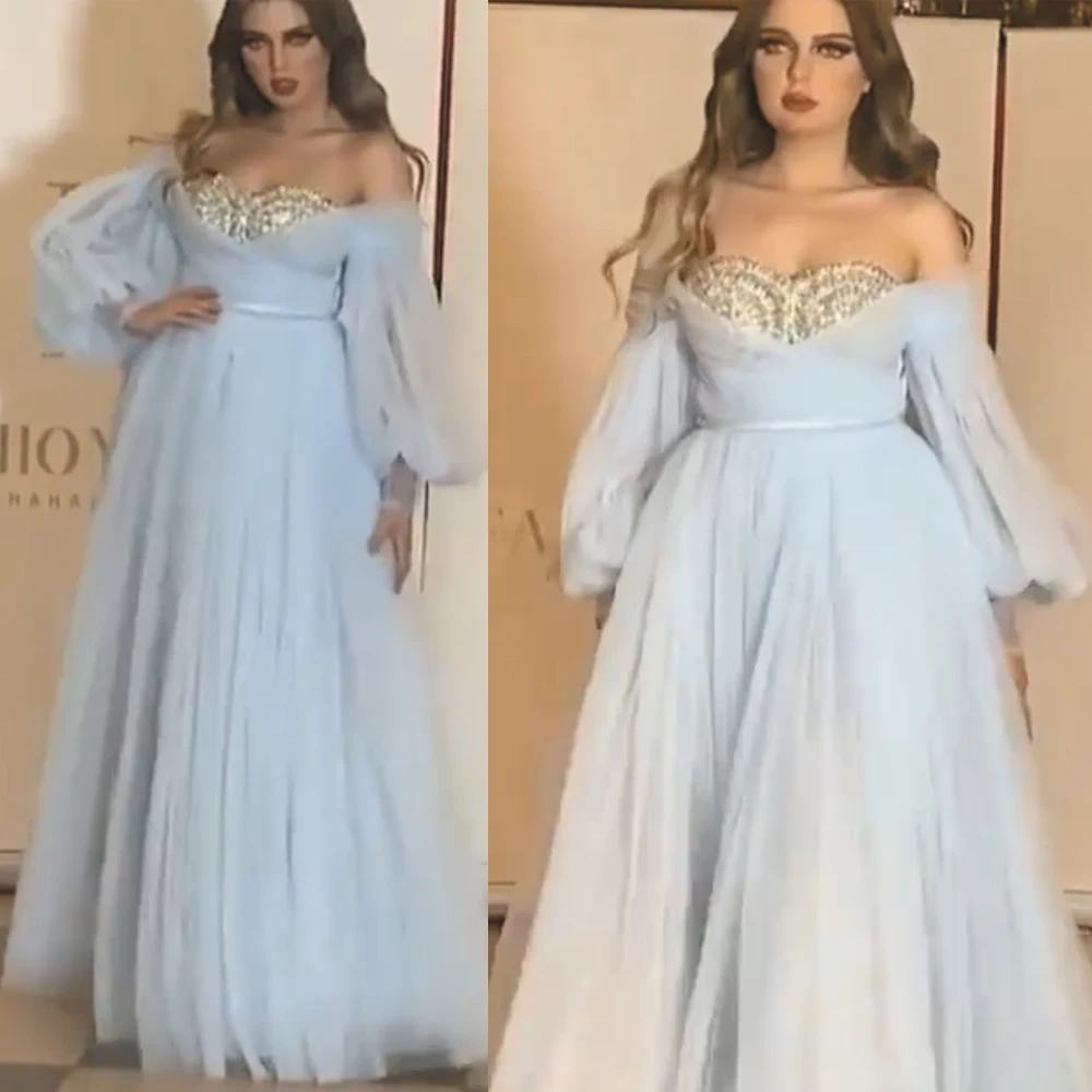 SuperKimJo Robe De Soiree Blue Prom Dresses Long Sleeve 2020 Beaded Tulle Elegant Prom Gowns Vestidos De Fiesta De Noche