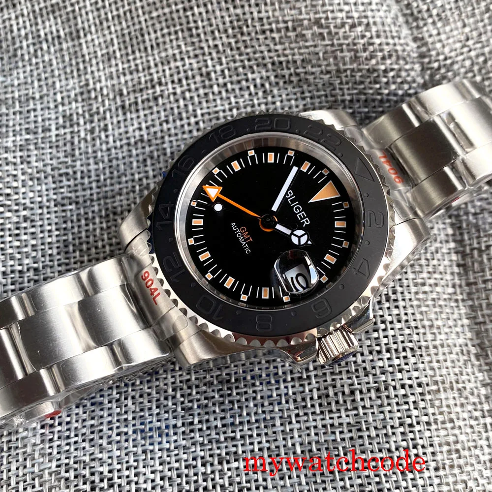 Бренд Bliger, 40 мм, новые GMT Mingzhu 3804, черные/белые механические автоматические мужские часы с сапфировым стеклом, вращающийся безель, светящиеся метки