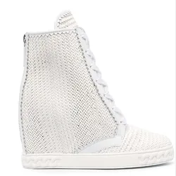 Popular Woman Cane Leather Cross Braided Hidden Wedge Ankle Boots Rattan Plaited Lace Up Boots Zipper  High Top Sneaker