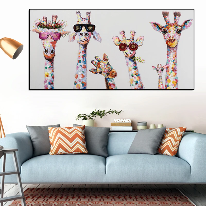 Art Colorful Oil Animal Giraffe A family With Glasses Painting Canvas Picture Canvas Printings wall Art For Bedding Room