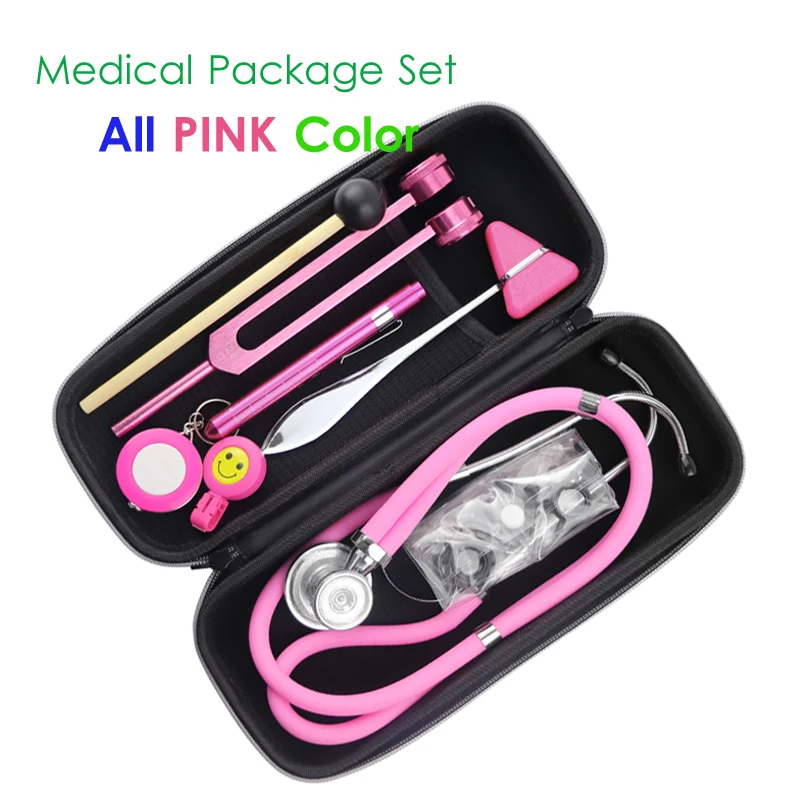 Pink Health Monitor Storage Accessory Package Kit with Medical Doctor Stethoscope Tuning Fork Reflex Hammer LED Penlight Tool