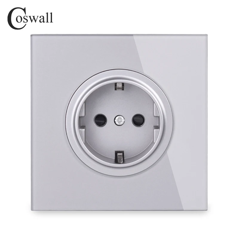 Coswall Pure Glass Frame EU Russia Spain Wall Power Socket Outlet Grounded With Child Protective Lock White Black Grey Gold