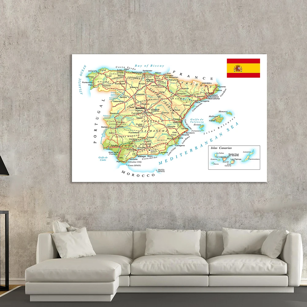 150*100cm Road and Rail Network of The Spain Map Non-woven Canvas Painting Wall Poster Office School Supplies Home Decoration