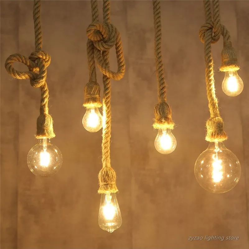 Industrial Retro Loft Hemp Rope Pendant Lights Restaurant Bar Kitchen Hanging Lamps Simple Vintage Edison Bulb Led E27 Droplight