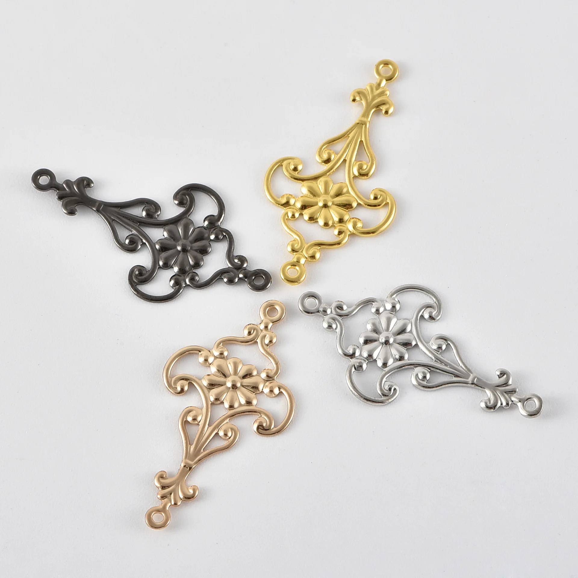 10Pcs 15 * 28MM filigree metal flower-shaped connector charm (with 2 rings) DIY handmade earrings pendant jewelry accessories