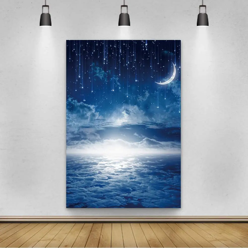 Photography Backdrop  Abstract Night Sky Fantasy Blue Meteor Shower Moon Stars Clouds Poster Child Room Decoration Background
