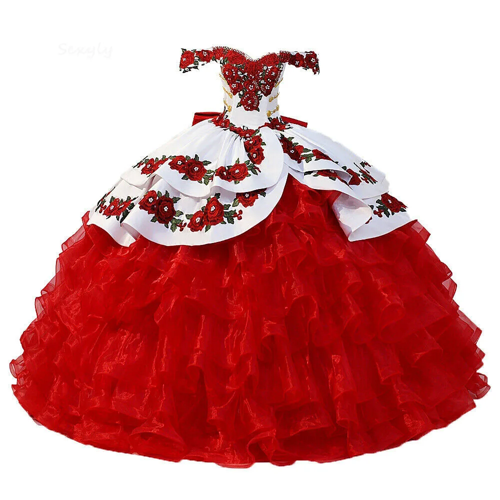 Vestido de quinceañera azul mejicano con flores 2022, vestido de baile con hombros descubiertos, dulce 16 vestido de Organza con volantes, corsé para fiesta de graduación