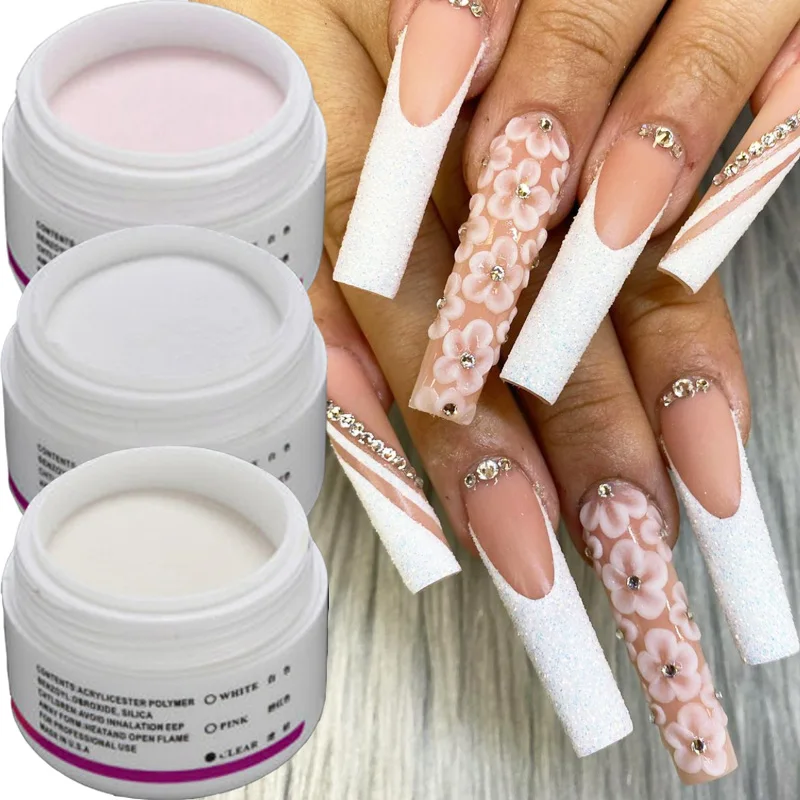 1 stücke Professiona Acryl Pulver Klar Rosa Weiß Carving Kristall Polymer Pulver 3D Nail art Tipps Extension Französisch Maniküre