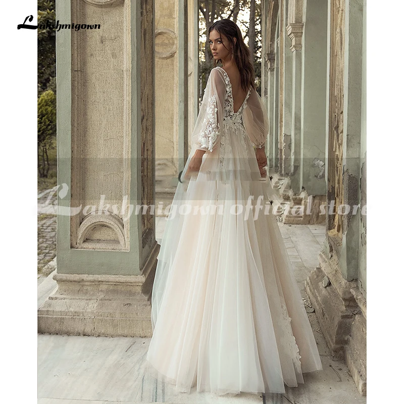 Graceful Boho Wedding Dresses Customized Appliques Lace Backless Beach Bride Dress Long Puff Sleeves Plus Size Bridal Gown