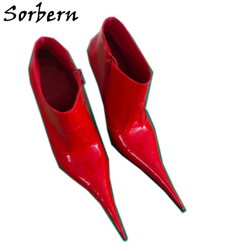 

Sorbern Red Shiny Ankle Boots Women Super Long Pointy Toes 12.5Cm Size Eu40 Stilettos Crossdresser Transfer Fashion Booties