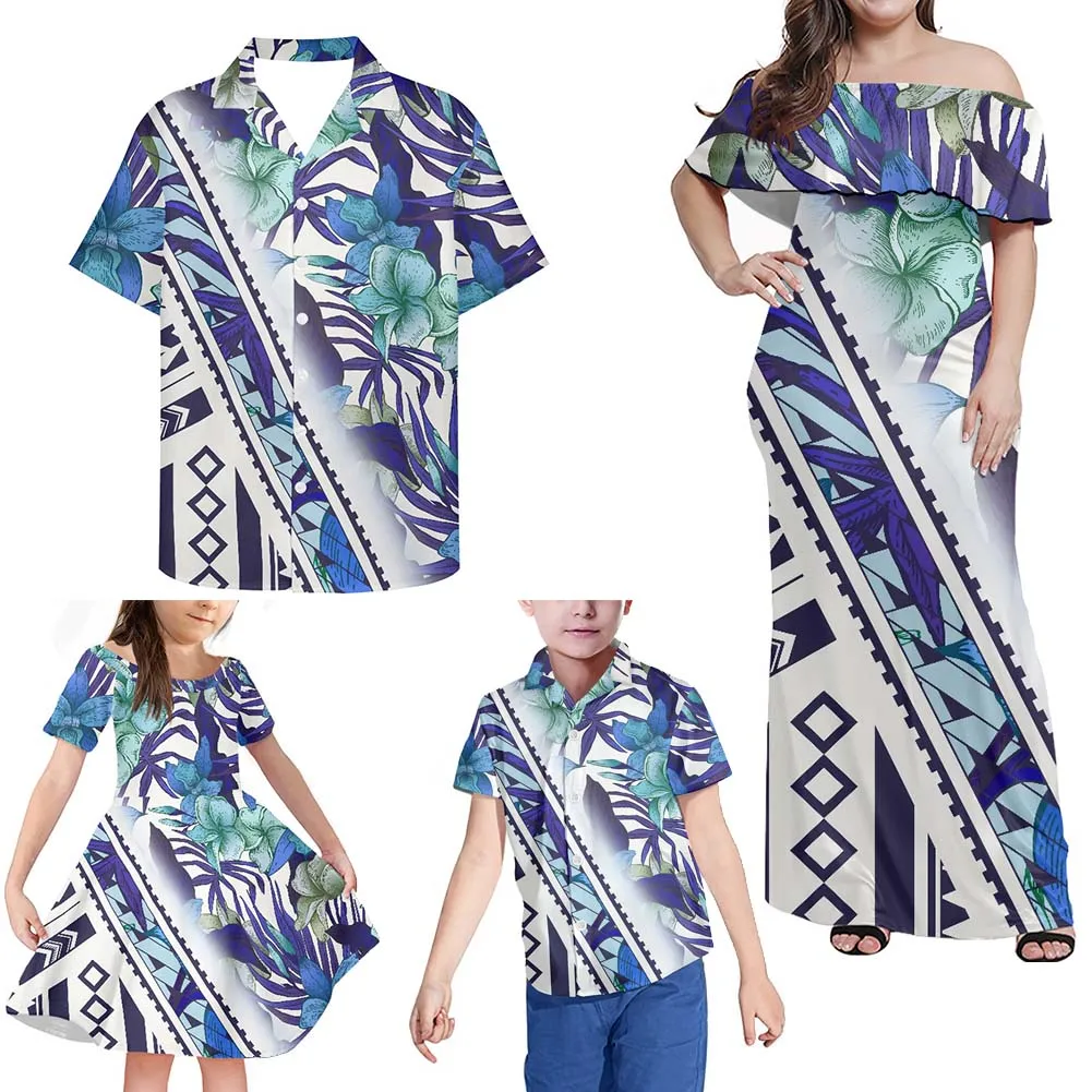 Hycool2022 New Year Costumes Kids Samoan Tribal Hawaii Floral Printing Family Costume Matching Dress Shirt Hot Sales Custom