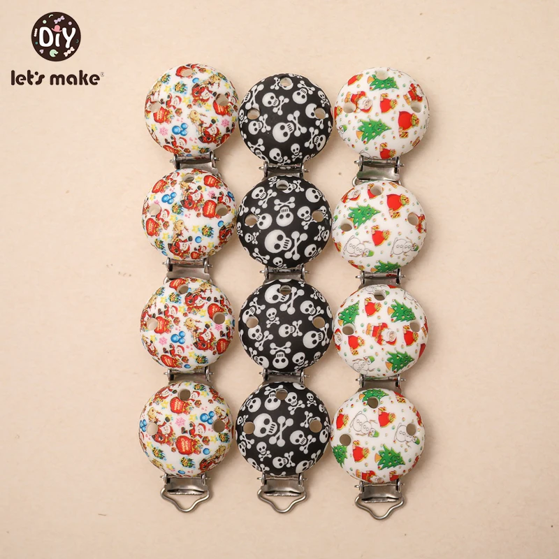 Let's Make 1Pcs Baby Oral Care Christmas Series Silicone Pacifier Clip Skull Printed Food Grade Silicone Teething Toy BPA Free