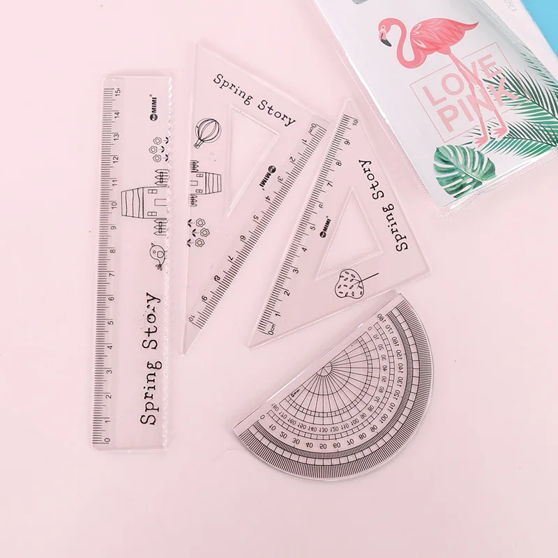 4 Pcs/set Kawaii Flamingo Plastic Straight Triangle Ruler Protractor Drafting Supply Set for School Student Stationery Ruler Set