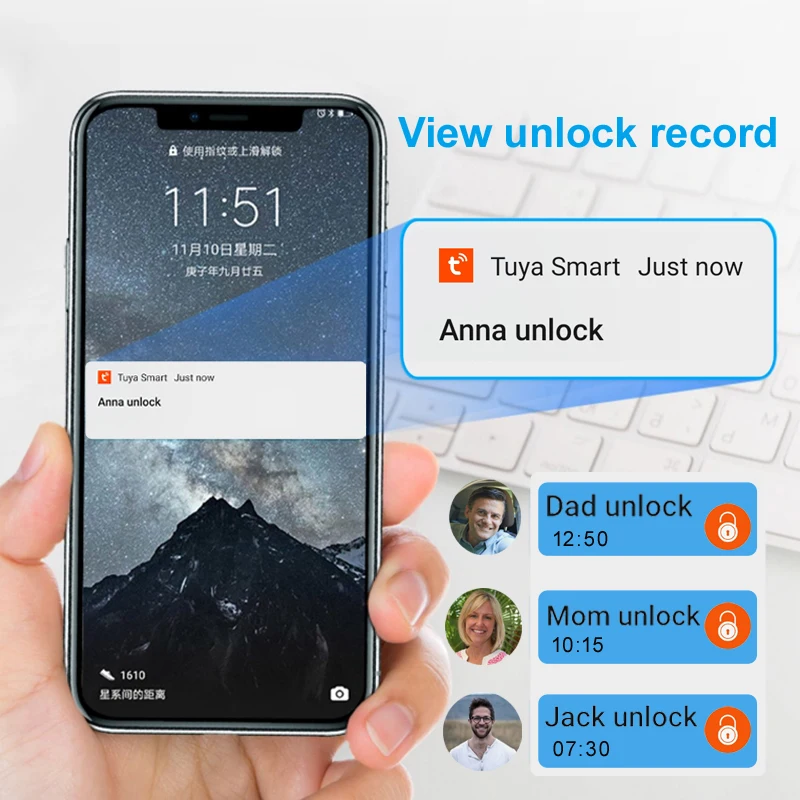 Tuya-生体認証指紋ロック,生体認証ロック,キーレス,USB充電式,家庭用,盗難防止,セキュリティロック