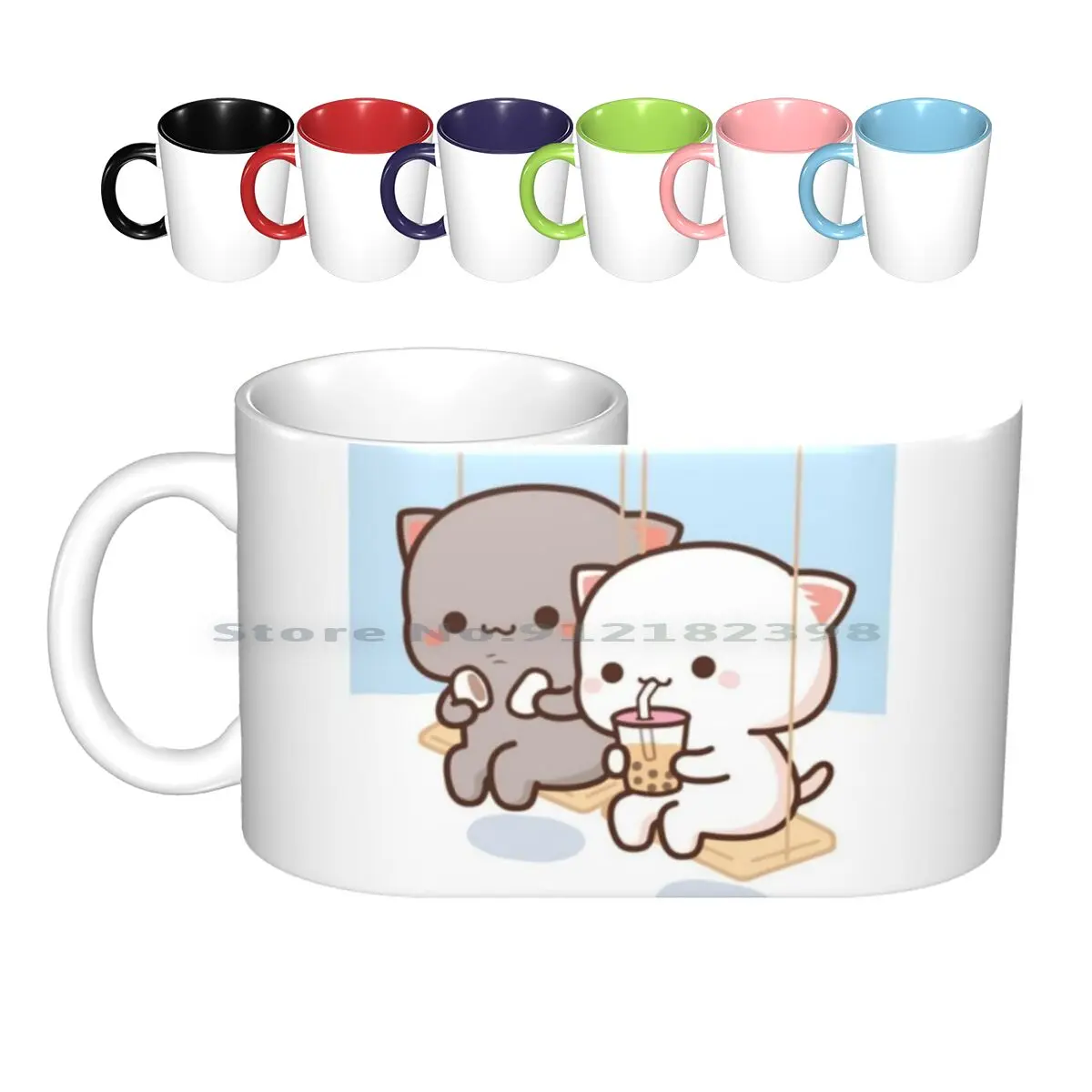 Peach And Goma Mochi Cat Bubble Tea Ceramic Mugs Coffee Cups Milk Tea Mug Peach Cat Goma Mochi Cat Kitty Cute Romantic Kawaii