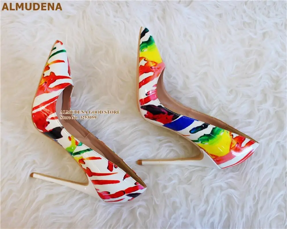 ALMUDENA sepatu hak tinggi 12cm putih sepatu pernikahan Motif grafiti Pompa gaun warna campuran sepatu pesta warna merah biru kuning campuran