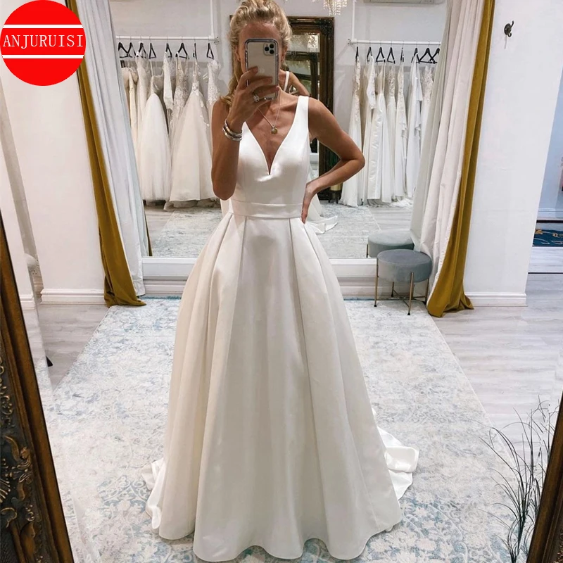 

Simple Satin Wedding Dress 2022 V Neck Vestido De Novia Sweep Train A Line Women Bride Gown Robe Mariage Trouwjurk With Belt