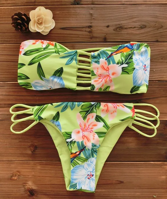 2022 Women Bandeau Bikini Reversible Print Swimsuit Strappy Swimwear Biquini Trikini 1112