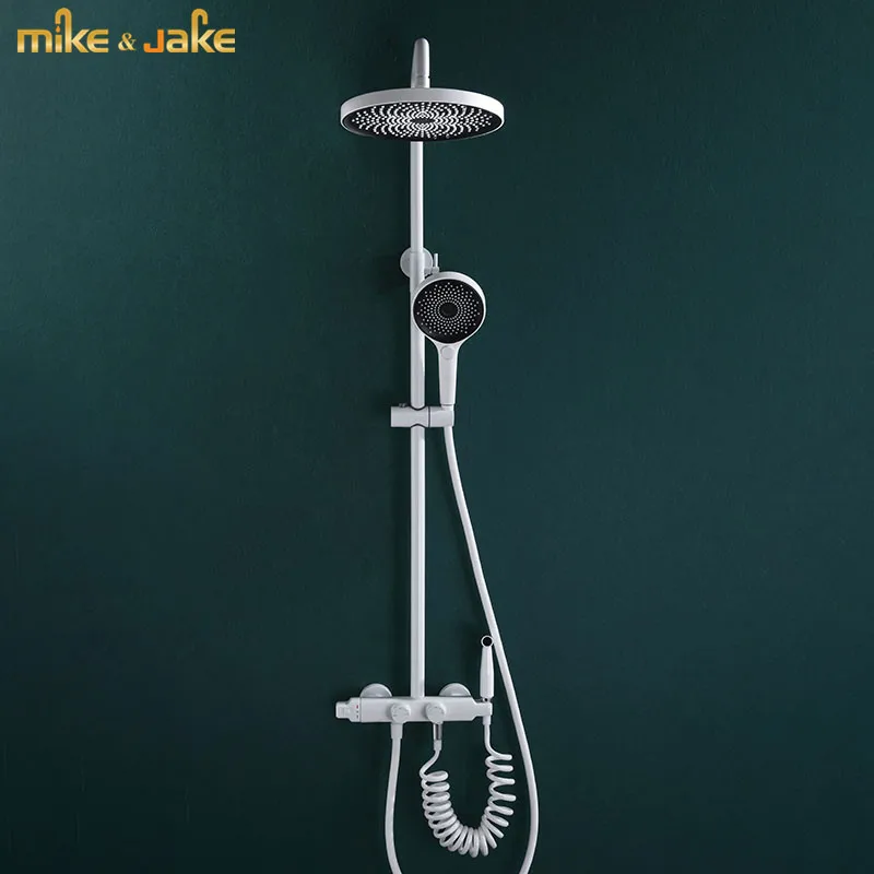 

Bathroom shower thermostatic constant rainfall white shower set pure white bath shower mixer hot and cold thermostatic shower