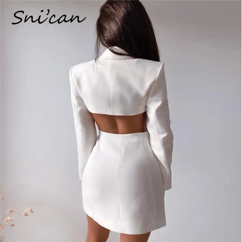 White Hollow Out Waist Back Office Ladies Blazer Femme Autumn Spring Jacket Coat Women Sexy Bodycon Blanche Veste Chaqueta New