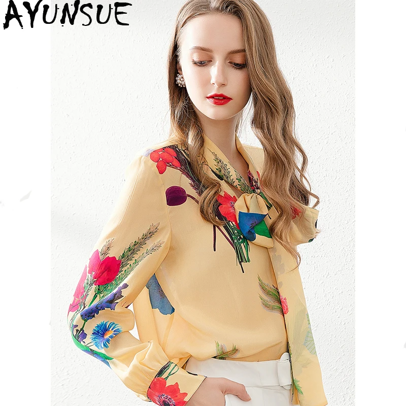 

100% Real Silk Vintage Blouse Women Clothes 2020 Floral Long Sleeve Shirt Women Blouses Ladies Tops Elegant Shirts ML191006