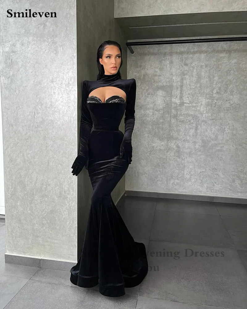 Smileven Sexy Black Velvet Mermaid Evening Dress High Neck Long Sleeve Party Dresses Robe De Soirée De Mariage Prom Gowns