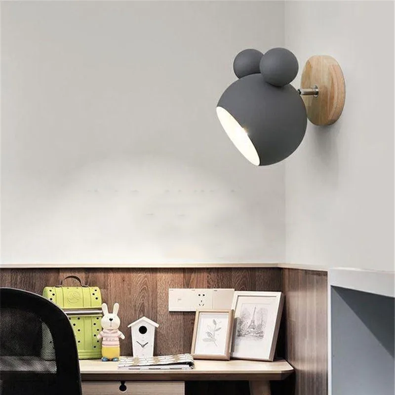 With E27 Bulb Mickey Wooden Wall Light Reading  Bedside Lighting Children's Room Study Cafe Wall Lamps Indoor Lighting Fixtures