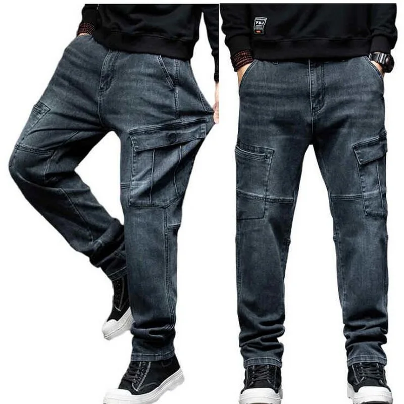 

High Waist Jeans Men Stretched Loose Straight Tall Man Denim Trousers Elastic Jeans Straight Loose Pants