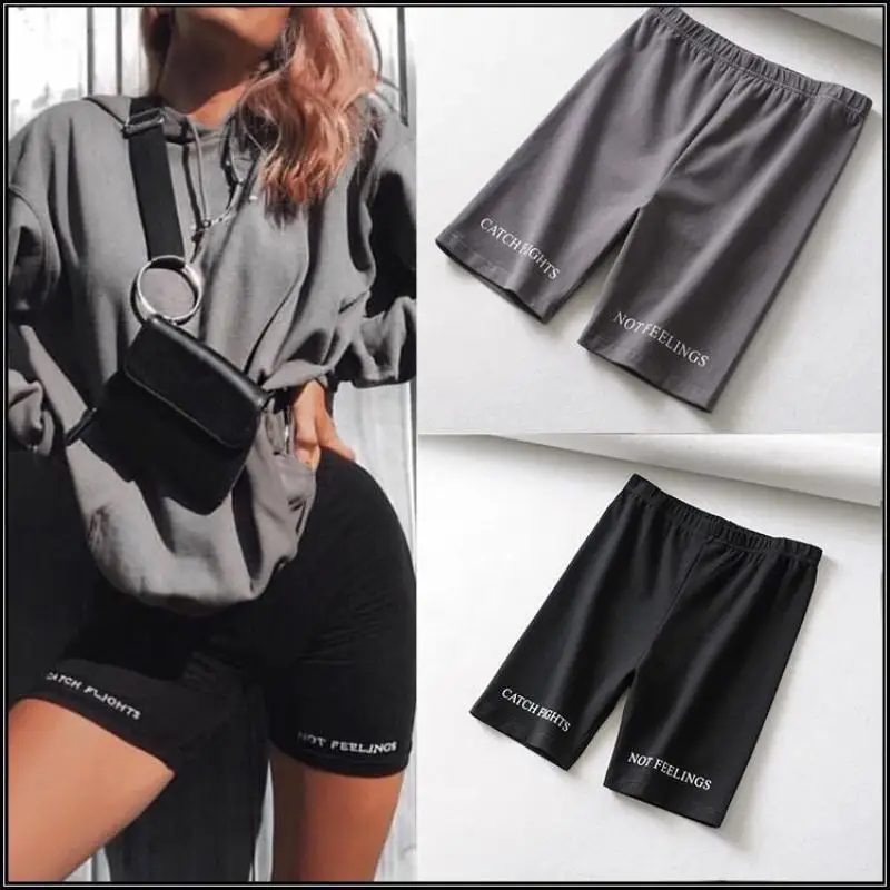 Pantalones cortos de motorista para mujer, shorts ajustados de cintura elástica, informales, coreanos, con letras estampadas, color negro, 2023