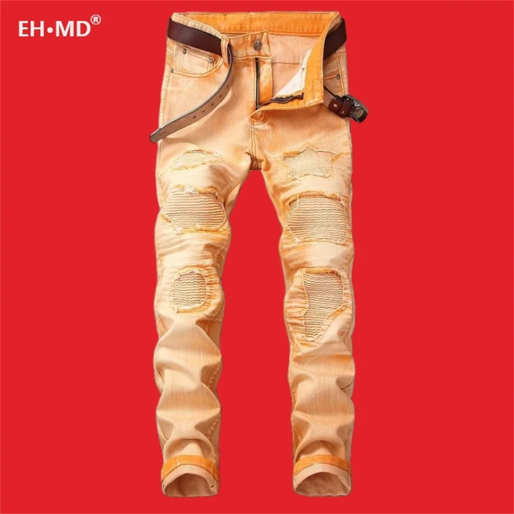 EH·MD® Pleated Hole Patch Jeans Men's Yellow Cotton Soft Small Straight High Street Personalized Slim Pants Motorcycle 2020 New