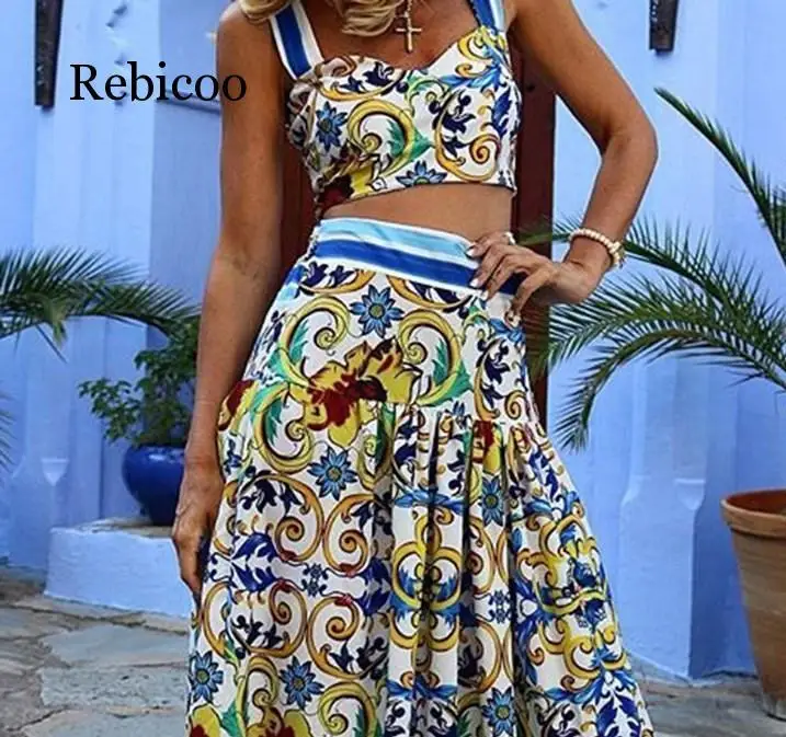 Imagem -02 - Boho Novo Conjunto de Duas Peças Sexy Colheita Topos e Saia Longa Floral Curto Impressão Ternos Boêmio Cintura Alta Casual Conjunto de Impressão Flor